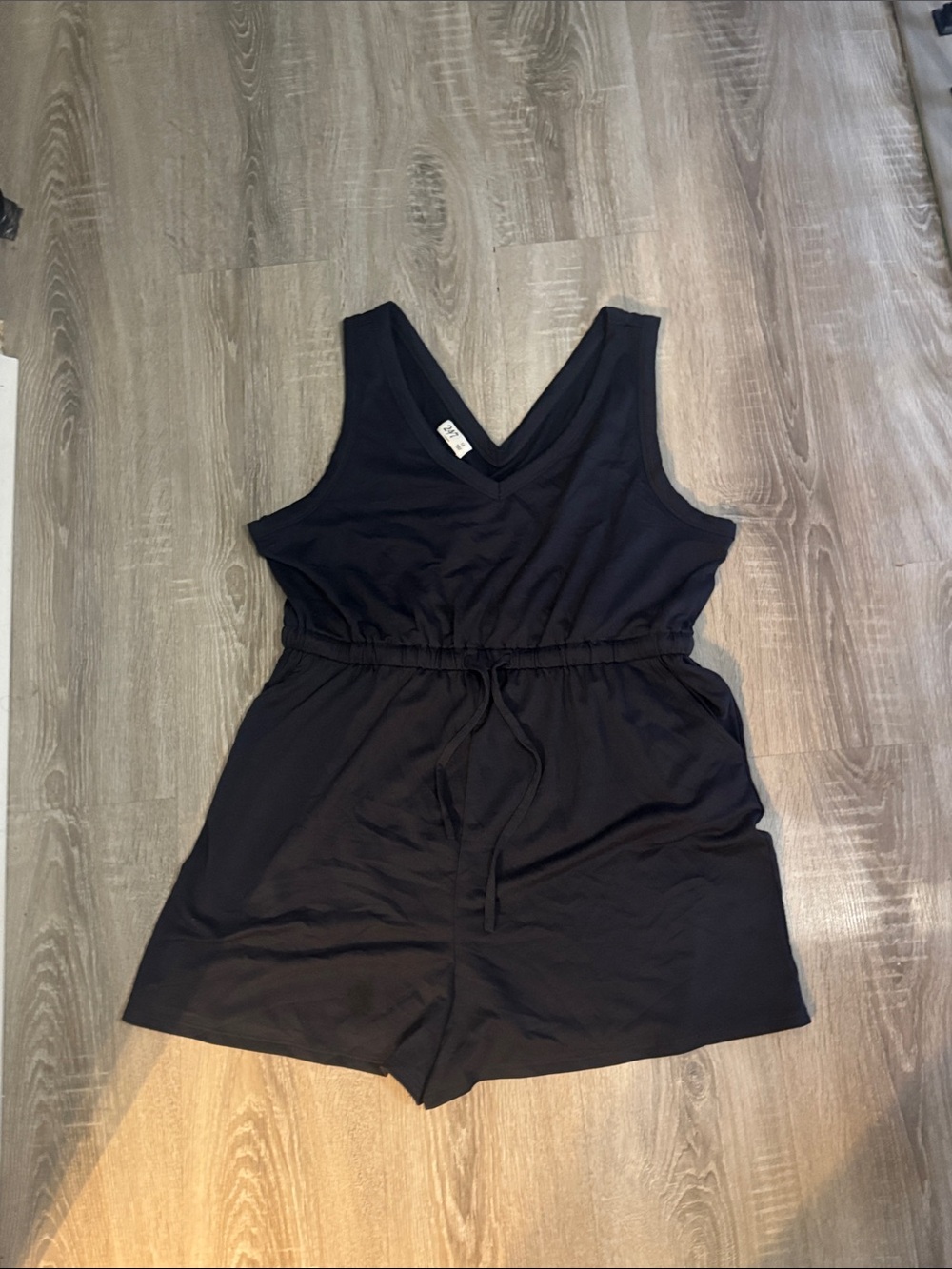 V-Neck Black Sleeveless Romper with Drawstring Waist